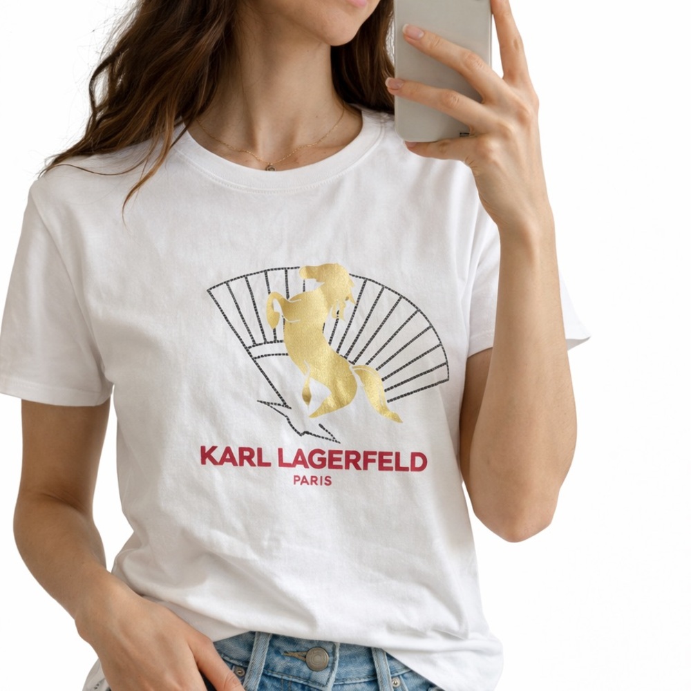 Karl Lagerfeld  Horse Embelished White Tee with Gold Horse and Red Logo